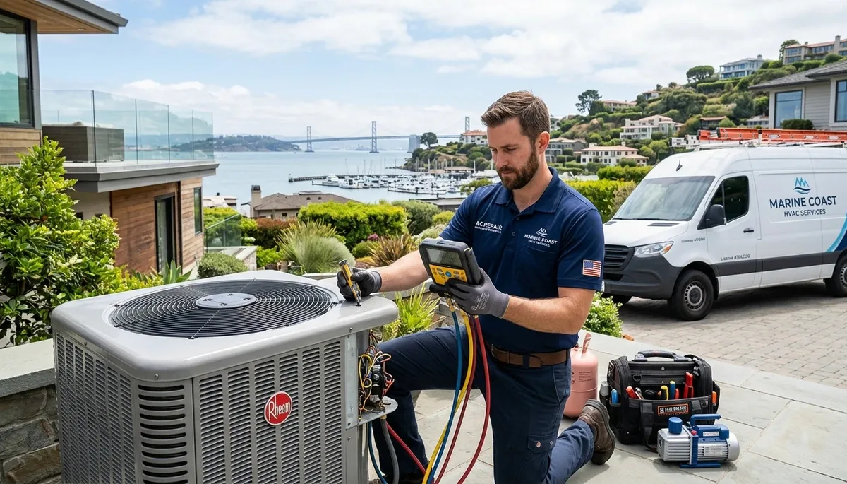 HVAC technician performing AC repair service in San Francisco CA home