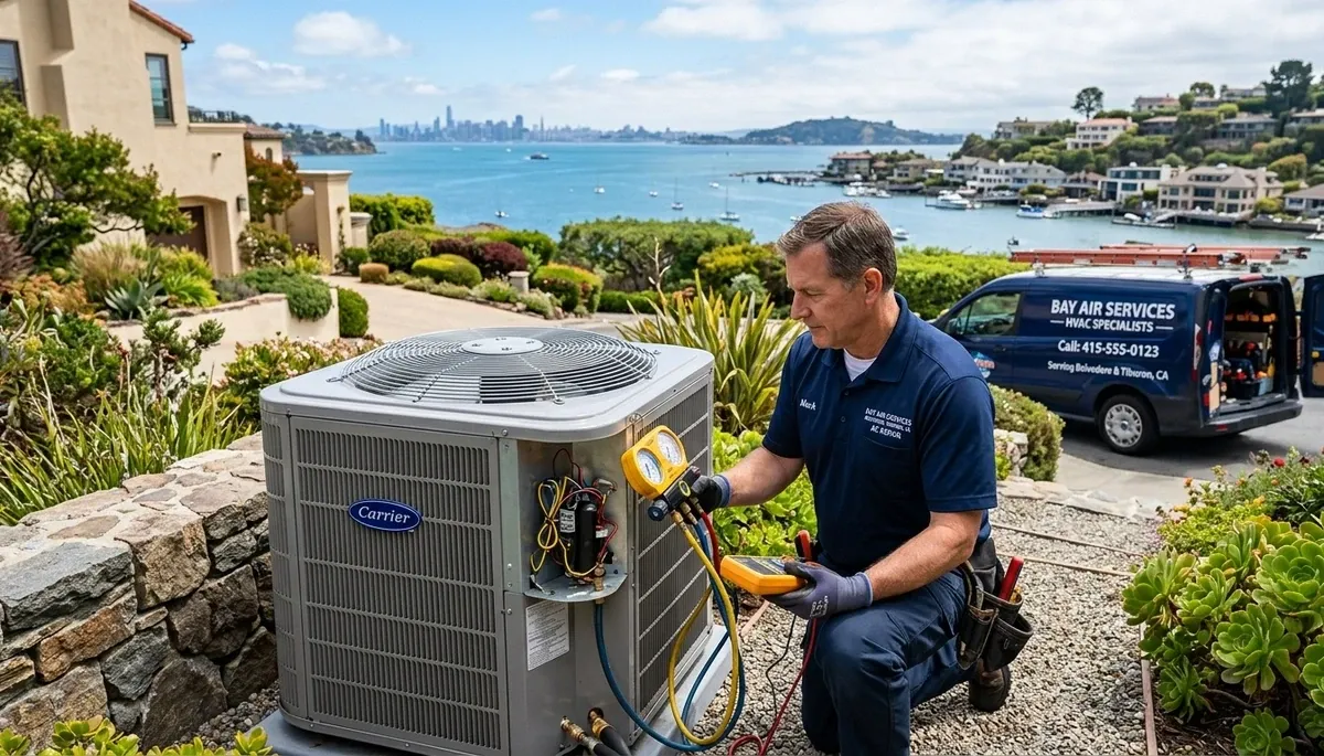 Professional AC repair technician servicing unit in San Francisco, CA home
