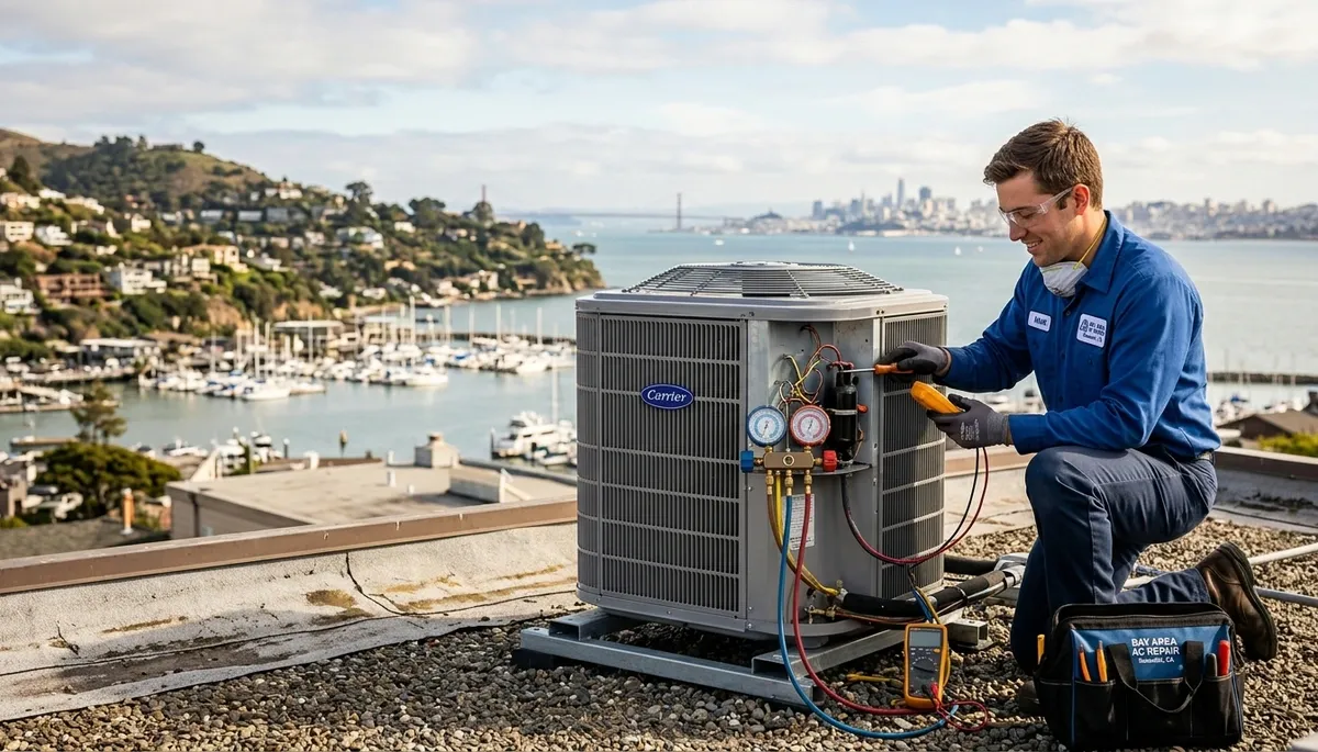 Professional AC repair technician servicing air conditioner in San Francisco CA home