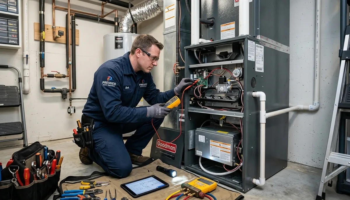 Technician performing heating repair on furnace in San Francisco, CA home