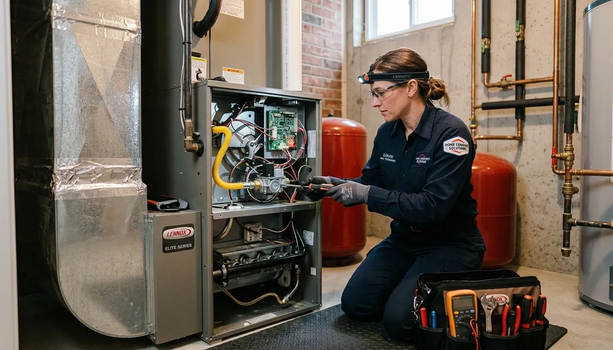 Technician performing heating repair on furnace in San Francisco, CA home