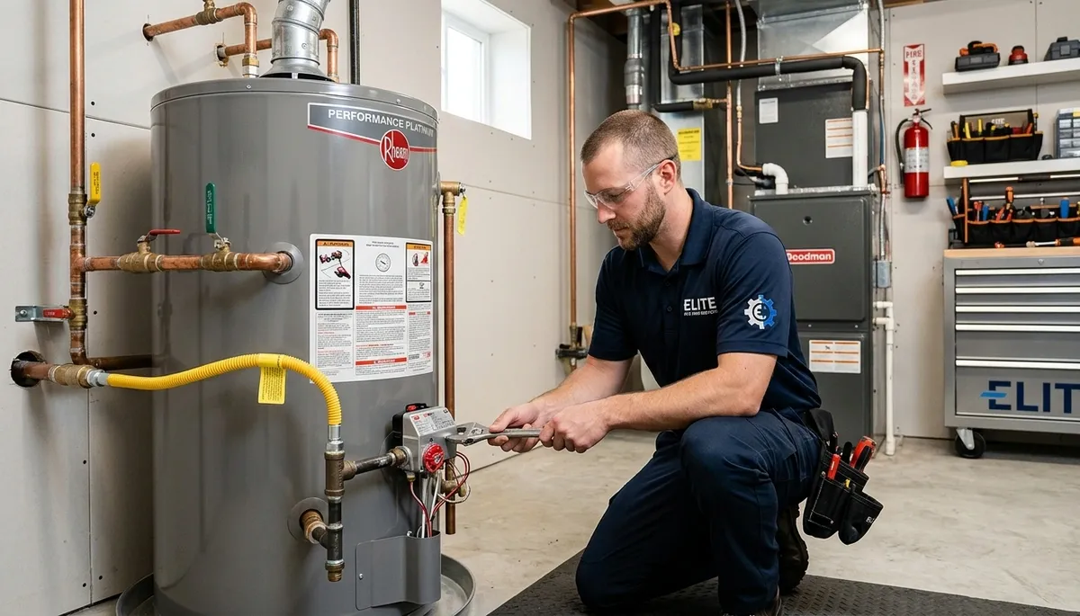 Technician performing water heater repair in San Francisco, CA for residential HVAC service